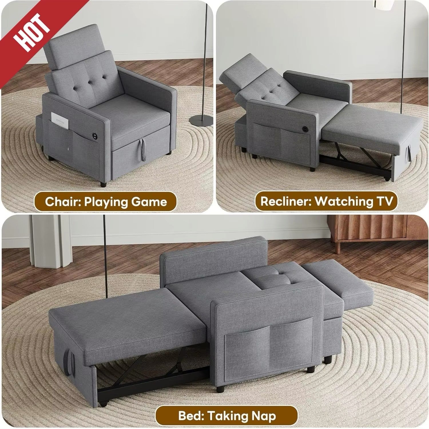 Sleeper Sofa Bed Chair, Convertible Sofa Chair 3 in 1, Pull Out Bed 