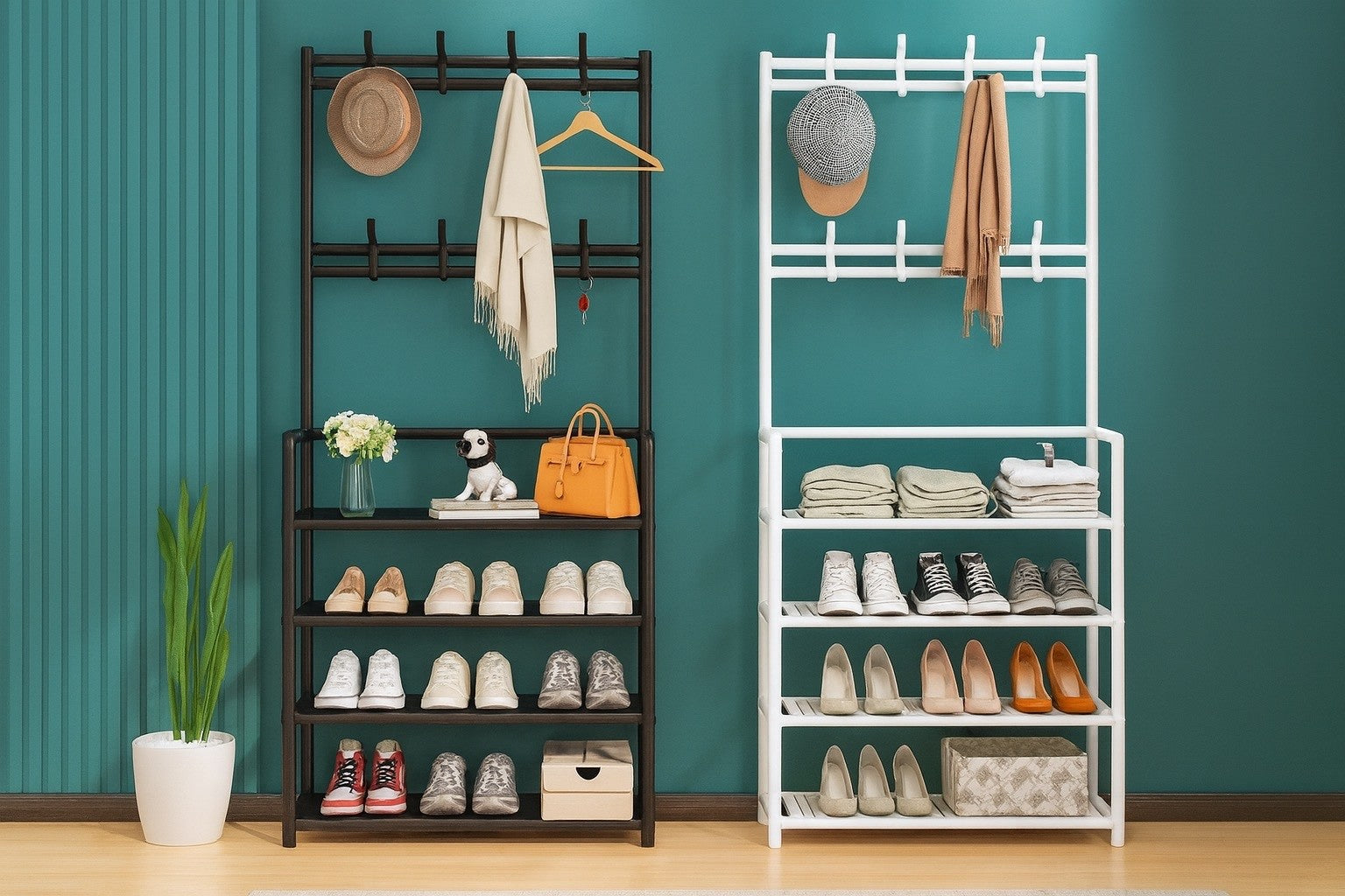 5-Tier Multi-Purpose Storage Rack with 8 Hooks, Hats, Coats, and Shoes (Black)