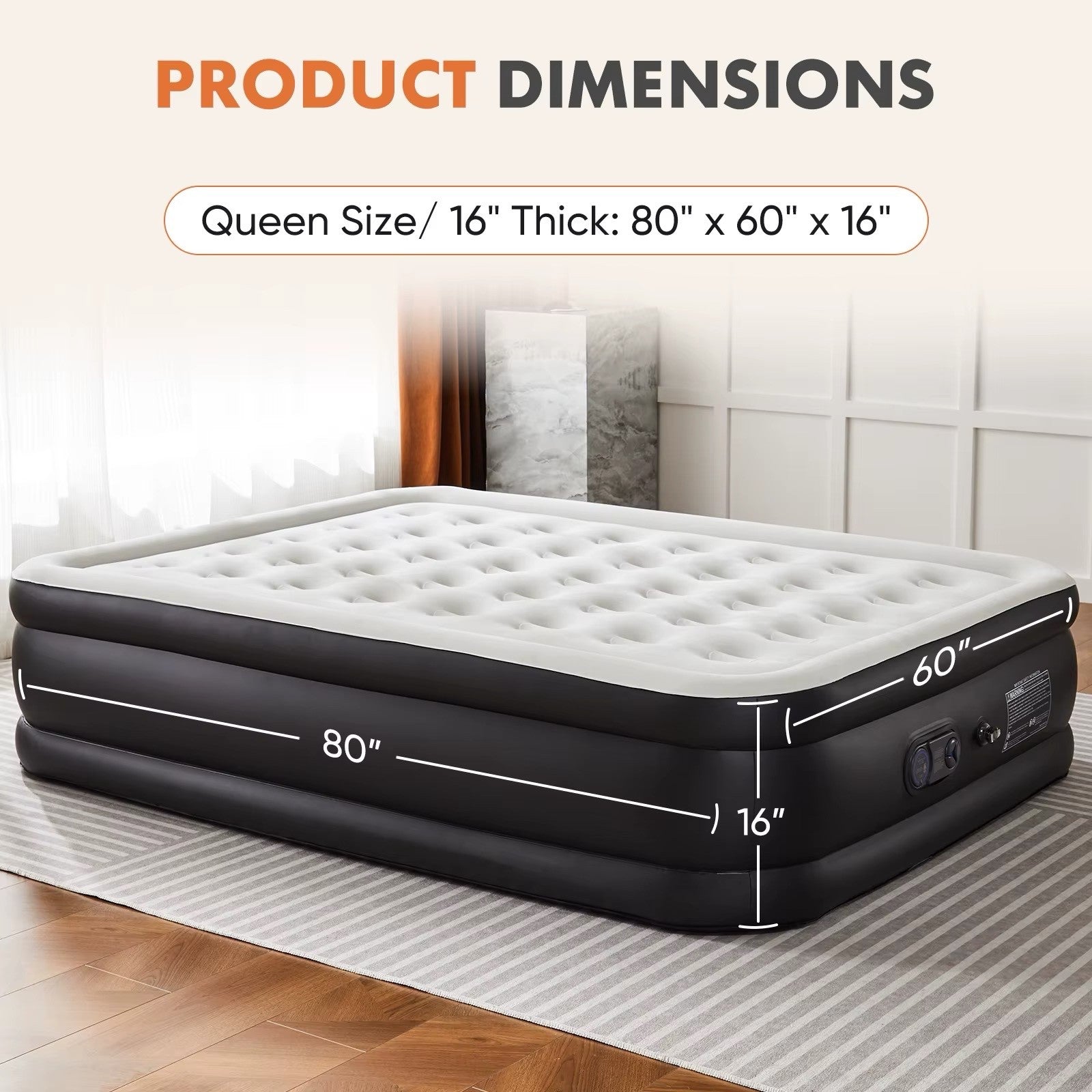 Queen Twin Size Air Mattress Blow Up Double Height Non-Slip Bottom 80"x60"x16"
