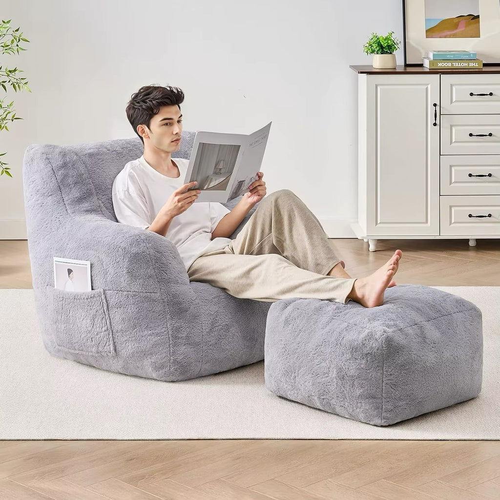 Giant Comfy Lounge Chair with Ottoman, Faux Fur Memory Foam Chaise Lounge Sofa