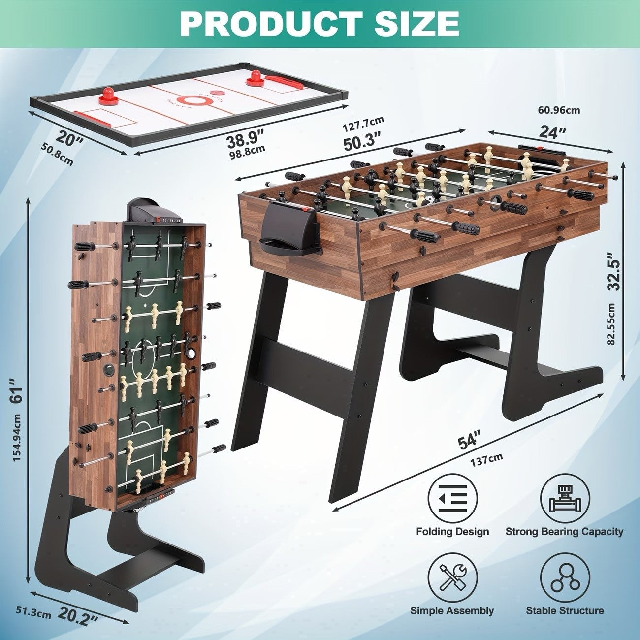 54-Inch Foldable Multifunctional Gaming Table, Ping Pong, Air Hockey, Foosball