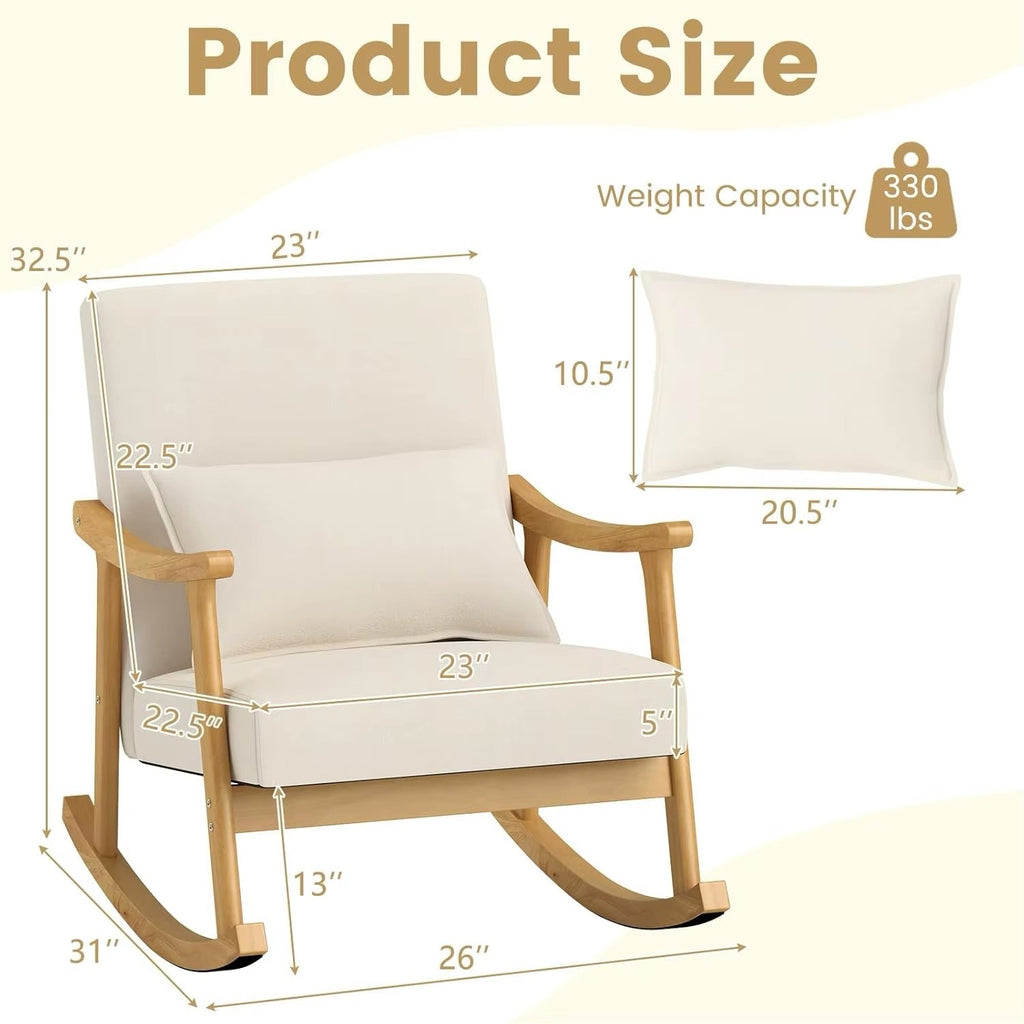 Modern Rocking Chair With Upholstered Rocker Armchair and Lumbar Pillow