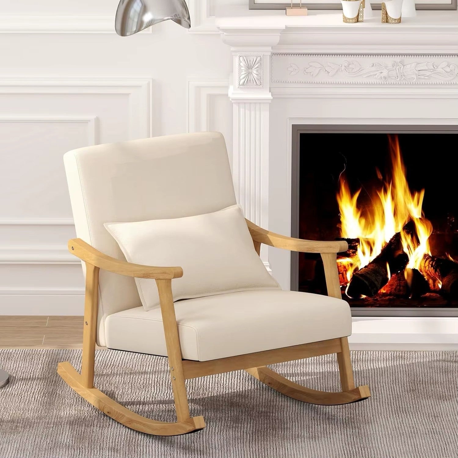 Modern Rocking Chair With Upholstered Rocker Armchair and Lumbar Pillow