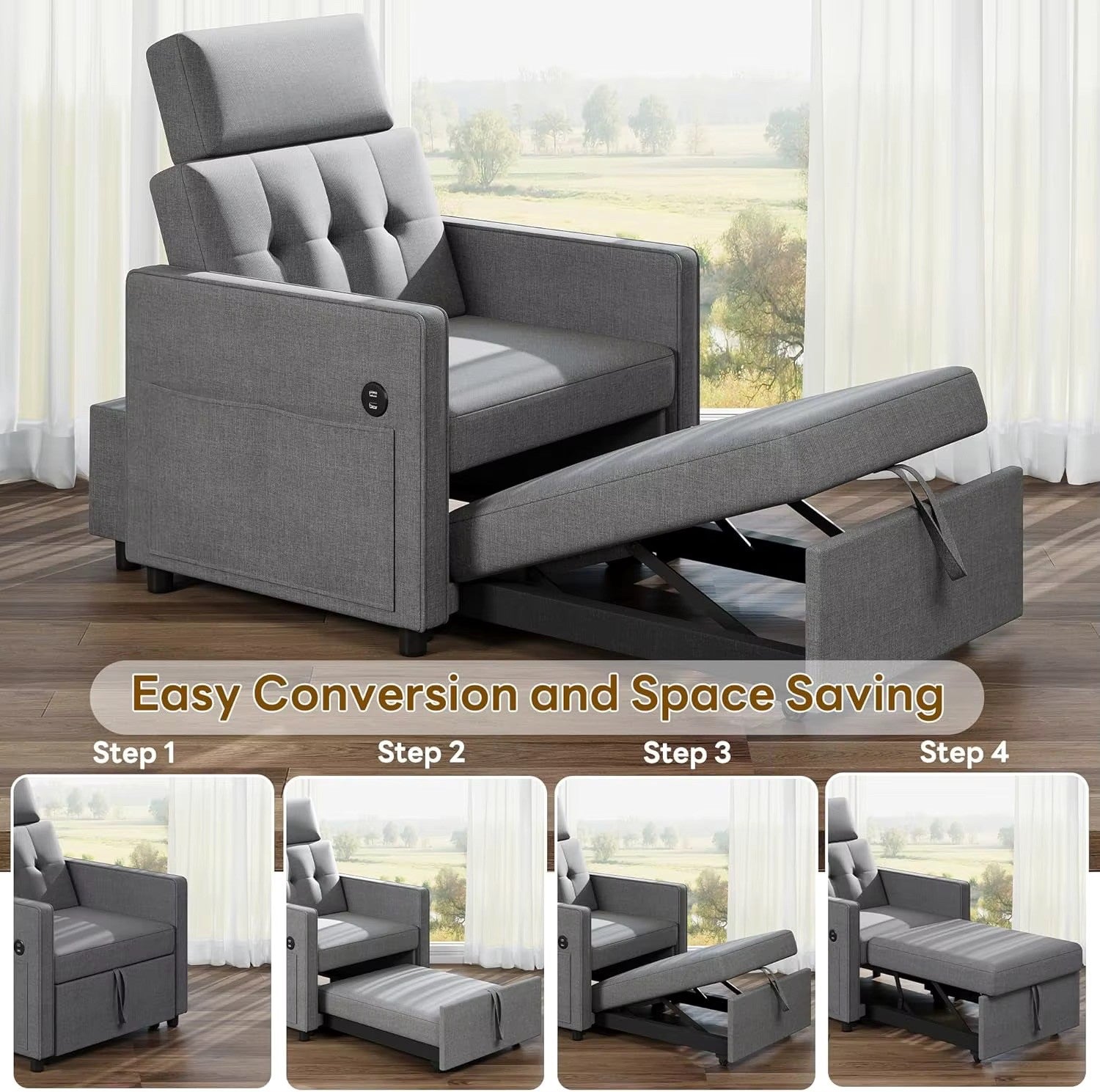 Sleeper Sofa Bed Chair, Convertible Sofa Chair 3 in 1, Pull Out Bed 