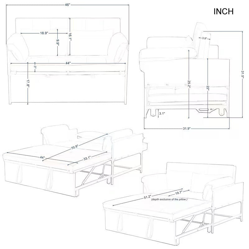 Modern Convertible Sofa Bed with Memory Foam Corduroy Fabric With Metal Frame