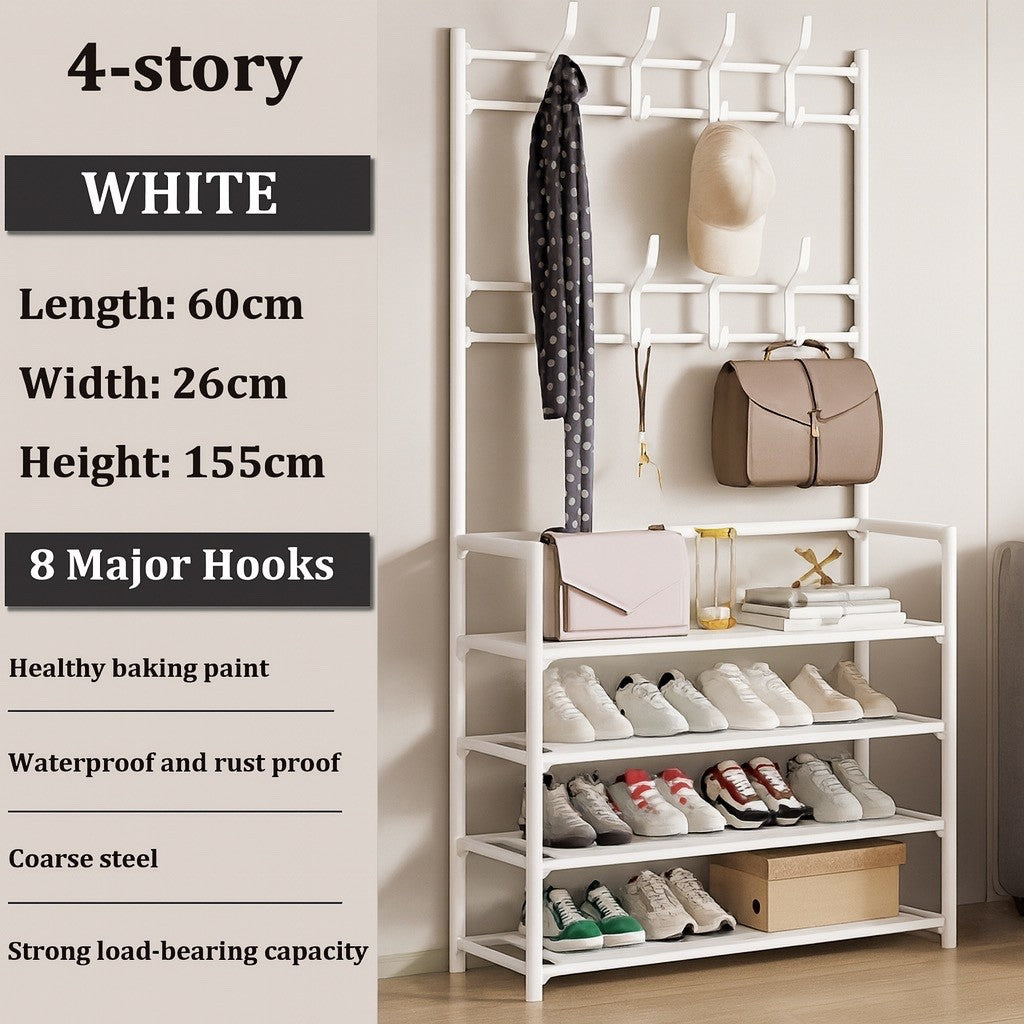 5-Tier Multi-Purpose Storage Rack with 8 Hooks, Hats, Coats, and Shoes (White)