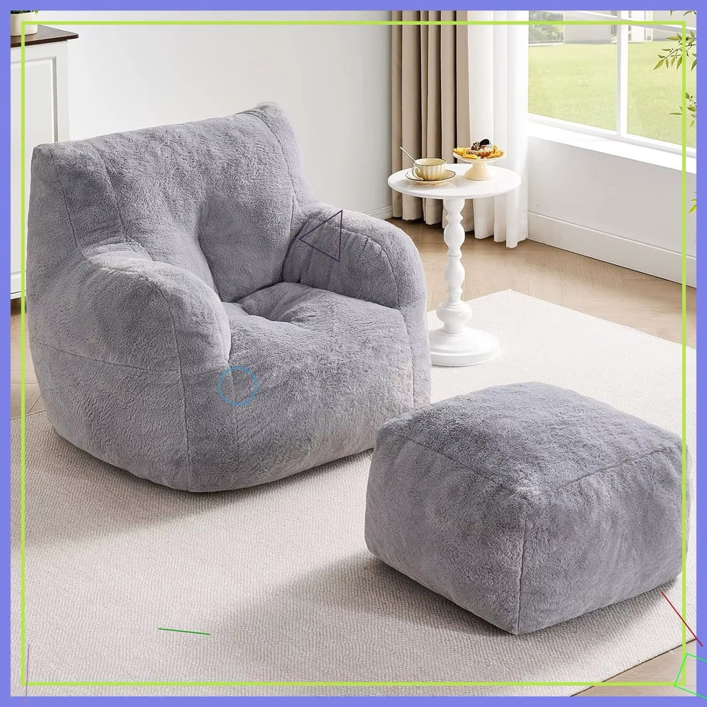 Giant Comfy Lounge Chair with Ottoman, Faux Fur Memory Foam Chaise Lounge Sofa