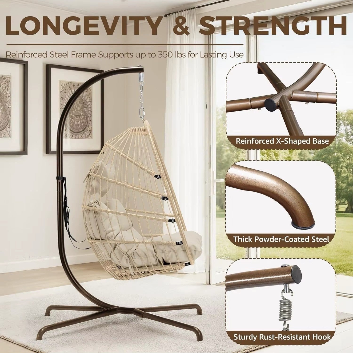 Outdoor Egg Chair with Stand, Indoor Wicker Hanging Egg Swing Chair with Cushion