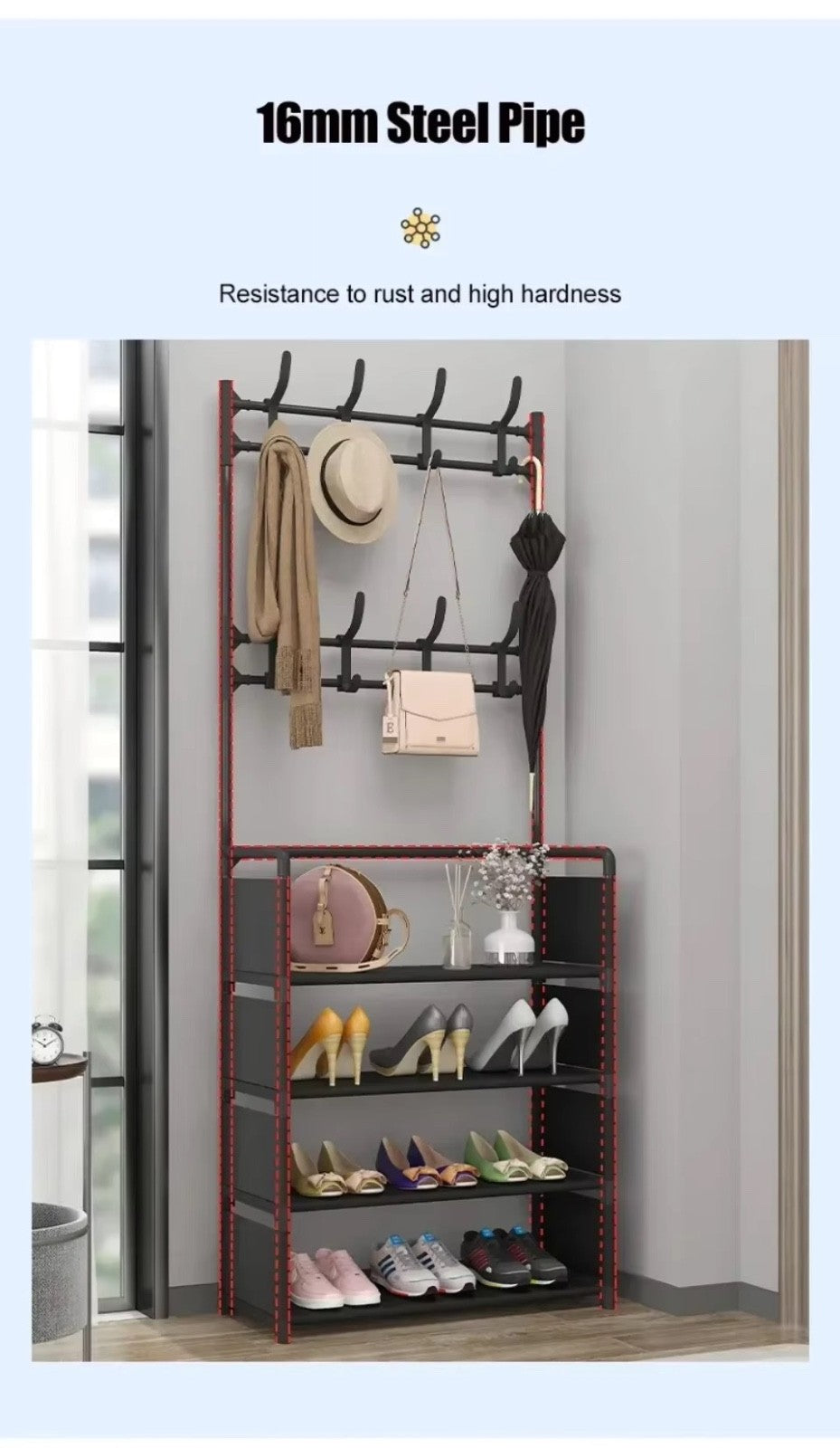 5-Tier Multi-Purpose Storage Rack with 8 Hooks, Hats, Coats, and Shoes (Black)