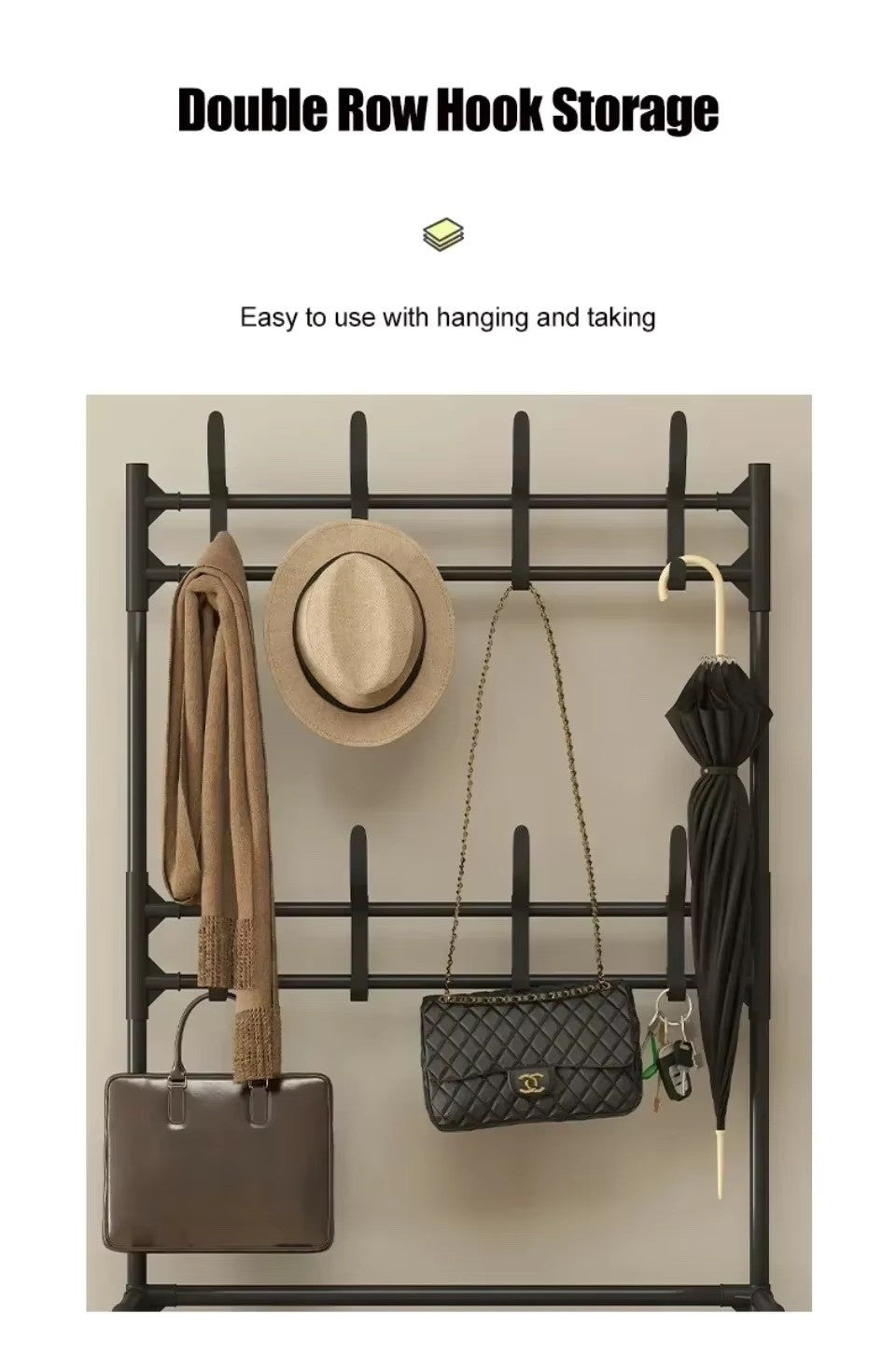 5-Tier Multi-Purpose Storage Rack with 8 Hooks, Hats, Coats, and Shoes (Black)