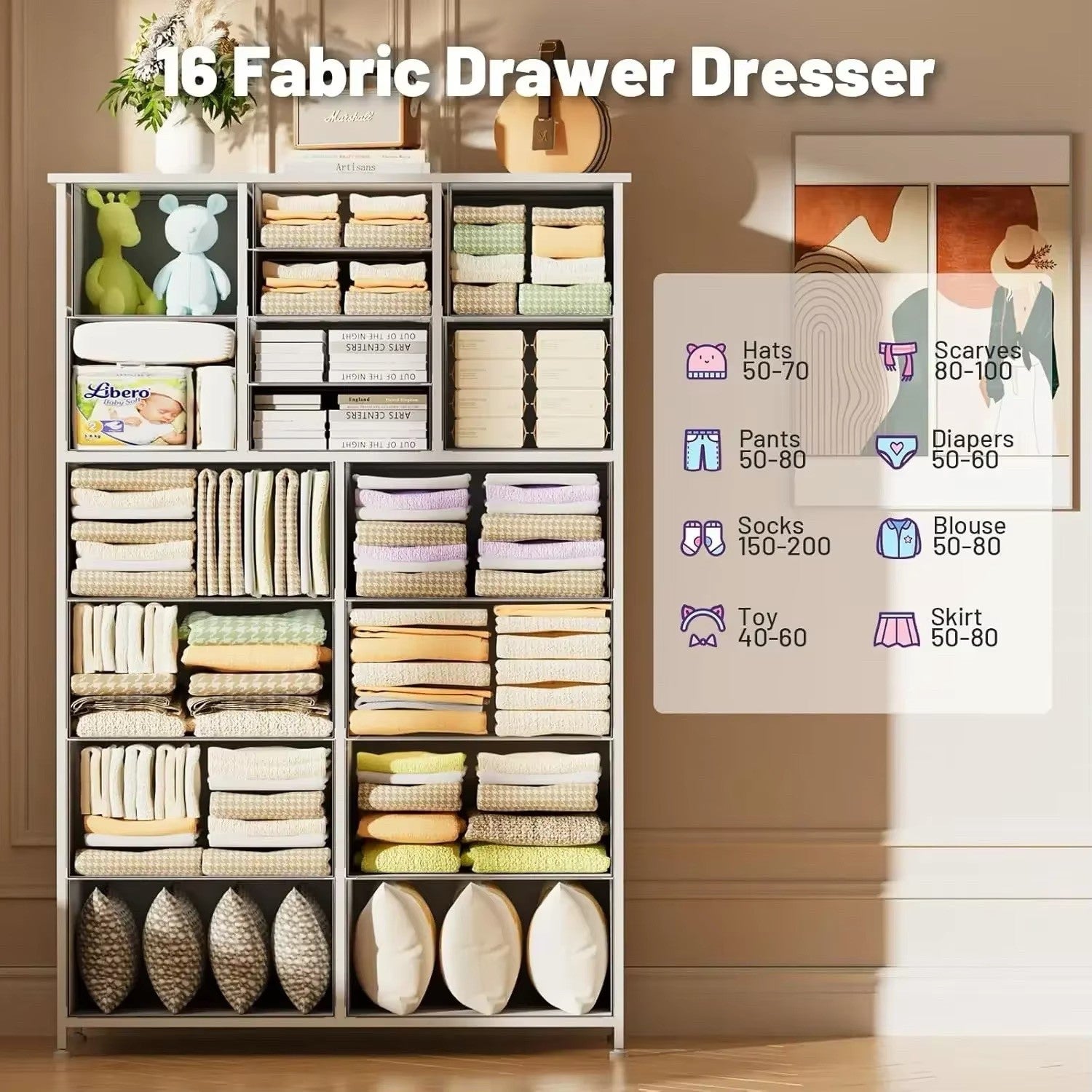 Tall Dresser for Bedroom, 16 Drawers, Wood Top and Metal Frame