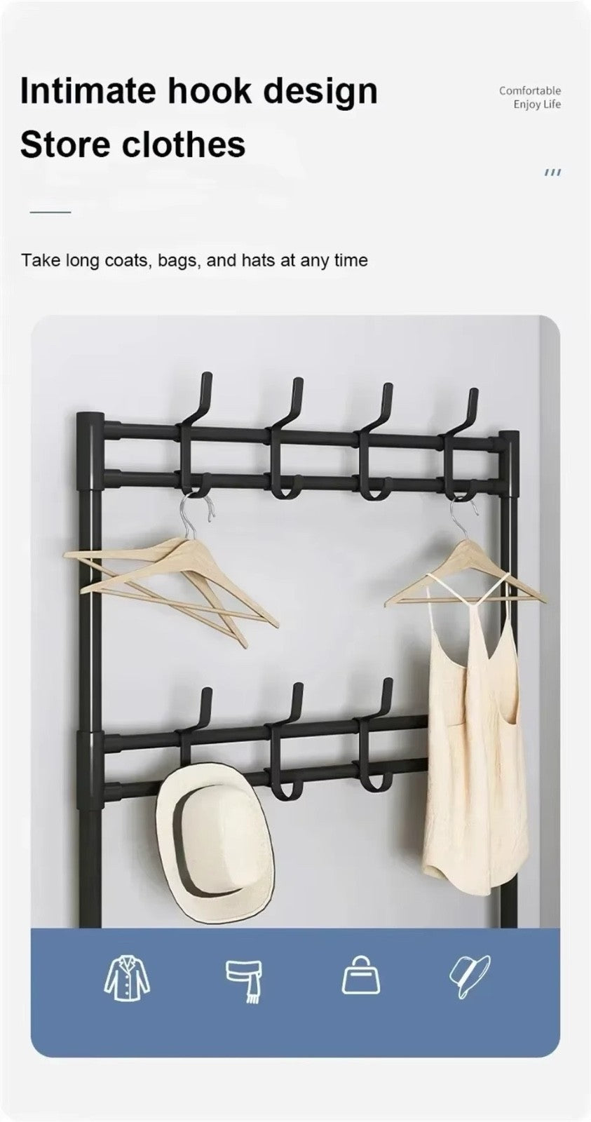 5-Tier Multi-Purpose Storage Rack with 8 Hooks, Hats, Coats, and Shoes (Black)