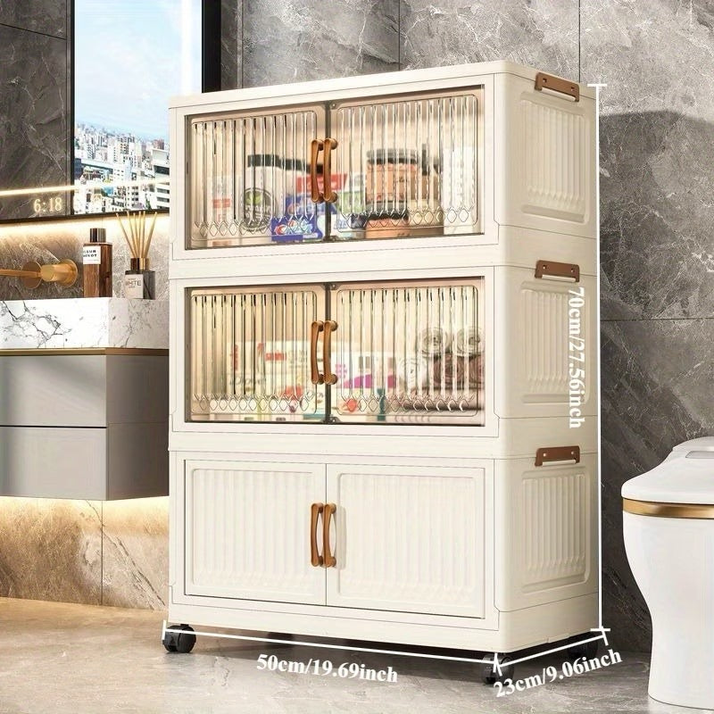 Large Capacity Modern Folding/Stackable Shelving Units with Magnetic Double Door & Wheels