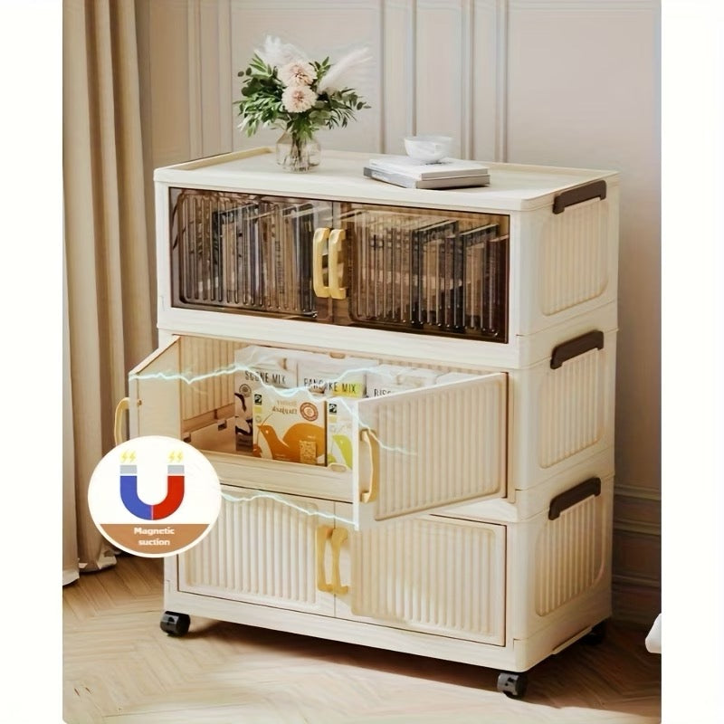 Large Capacity Modern Folding/Stackable Shelving Units with Magnetic Double Door & Wheels