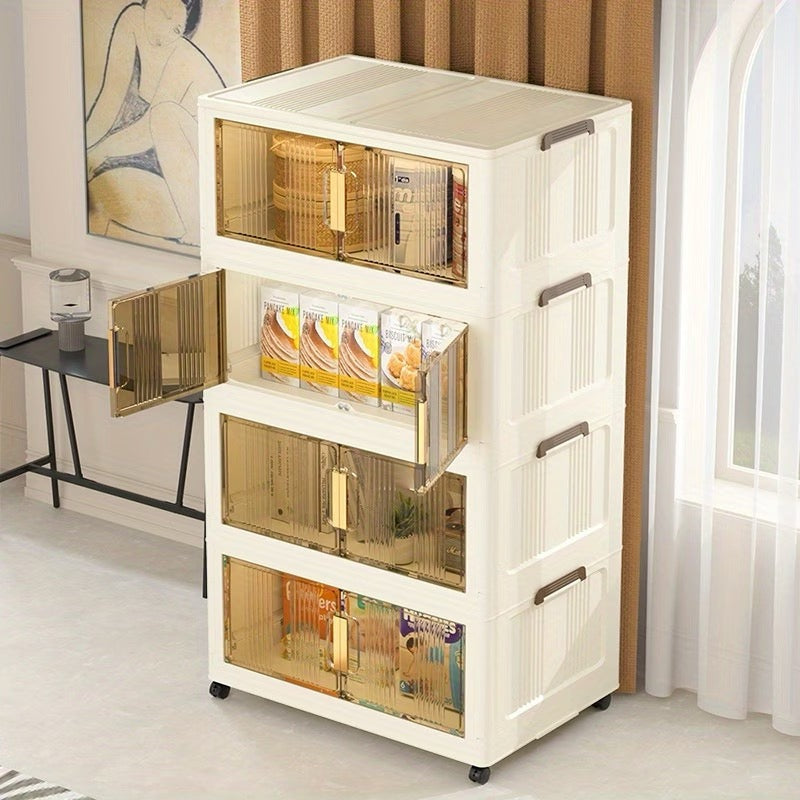 Large Capacity Modern Folding/Stackable Shelving Units with Magnetic Double Door & Wheels