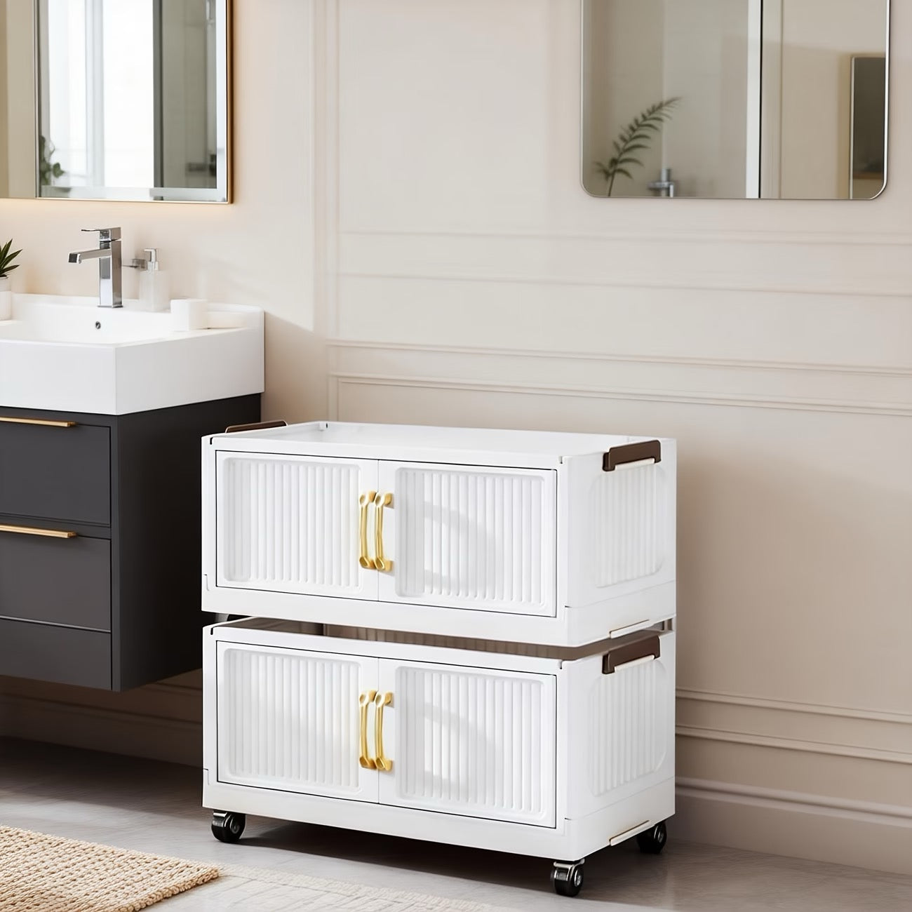 Large Capacity Modern Folding/Stackable Shelving Units with Magnetic Double Door & Wheels