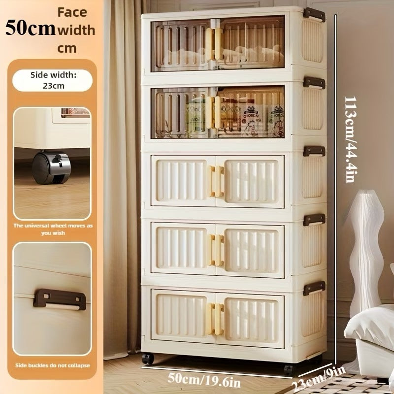 Large Capacity Modern Folding/Stackable Shelving Units with Magnetic Double Door & Wheels