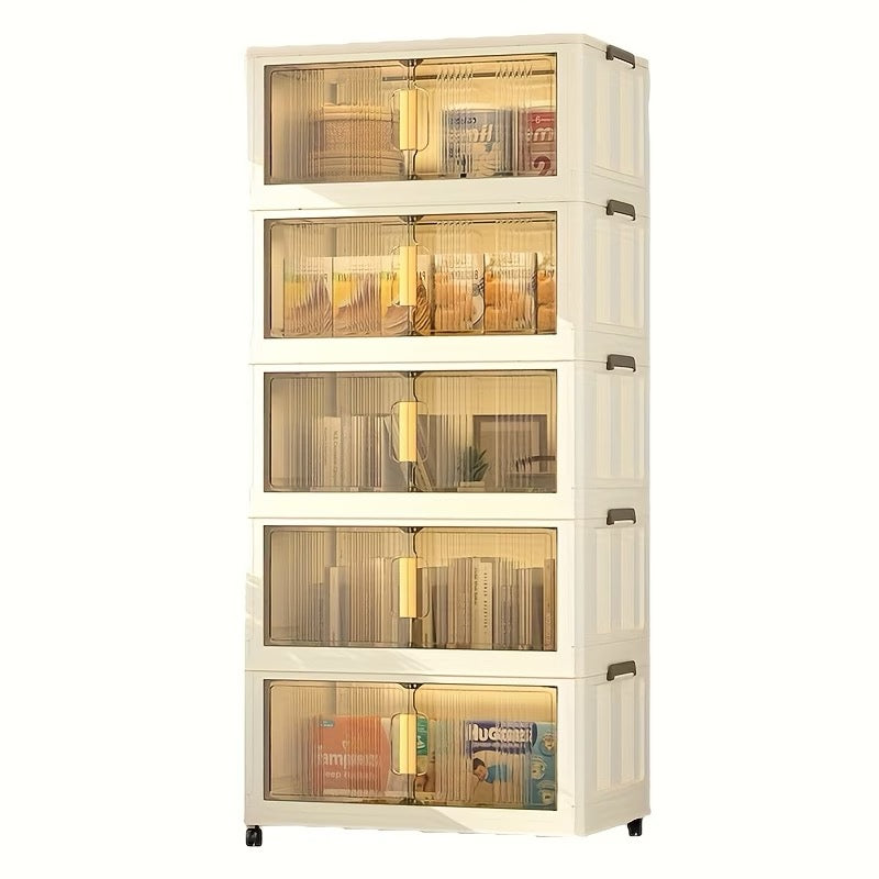 Large Capacity Modern Folding/Stackable Shelving Units with Magnetic Double Door & Wheels