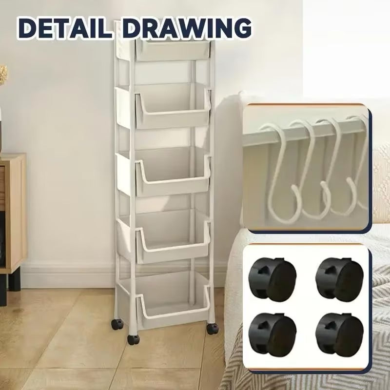 5-Tier Plastic Storage Rack, Multifunctional Organizer with 5 Layers & Hooks