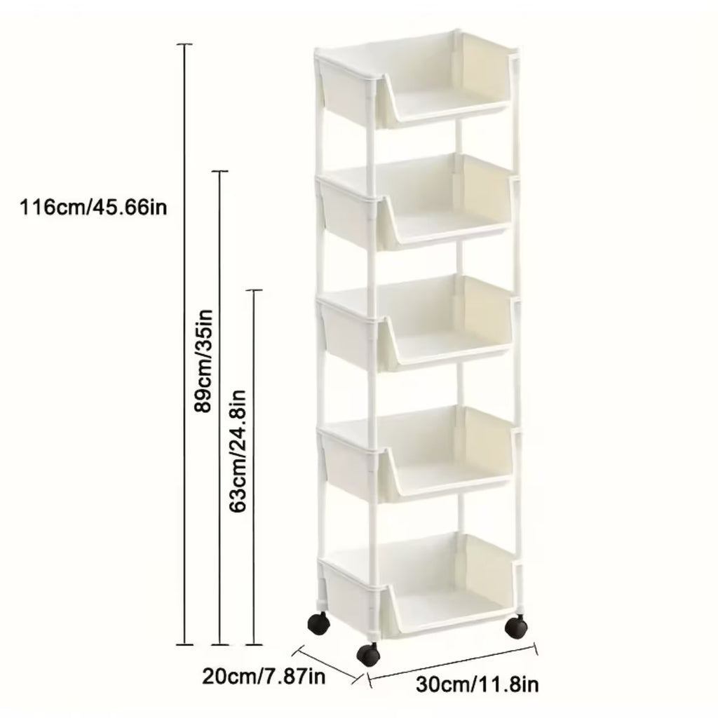 5-Tier Plastic Storage Rack, Multifunctional Organizer with 5 Layers & Hooks