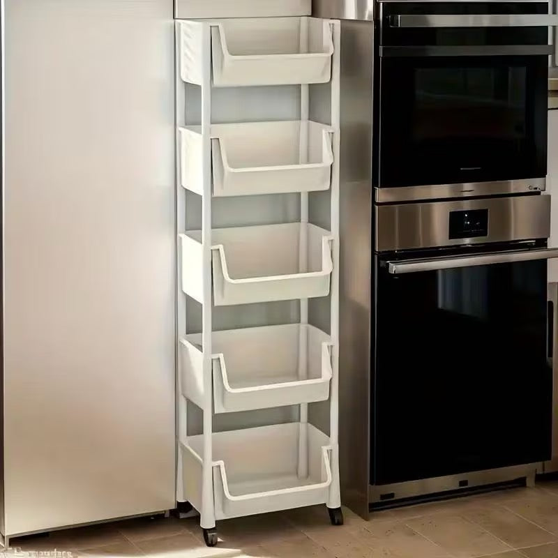 5-Tier Plastic Storage Rack, Multifunctional Organizer with 5 Layers & Hooks