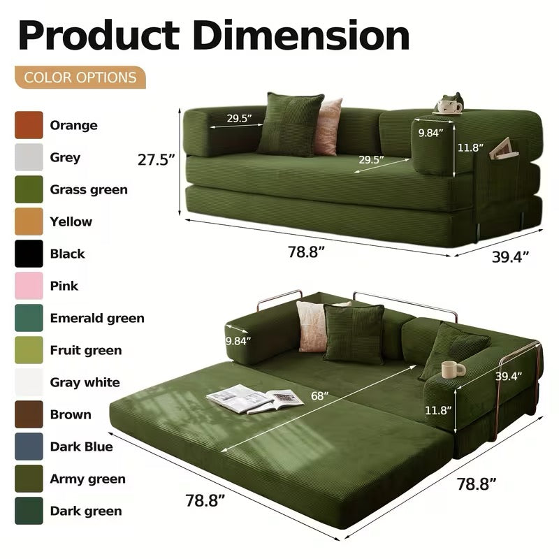 4-in-1 Foldable Sofa Bed, Memory Foam Couch with Pillow Back