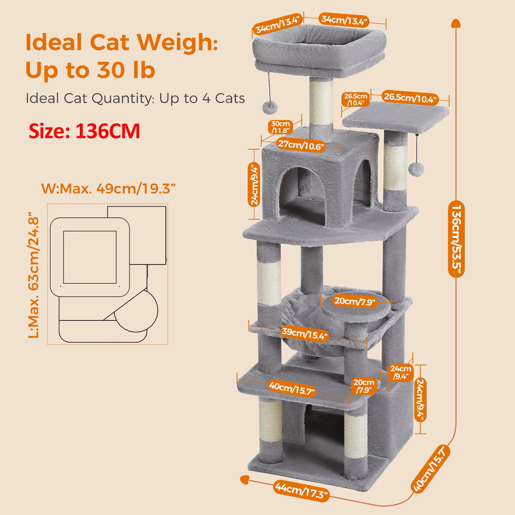 134 cm Luxury Cat Tree and Tower With Sisal-Covered Scratching Posts + Fur Balls