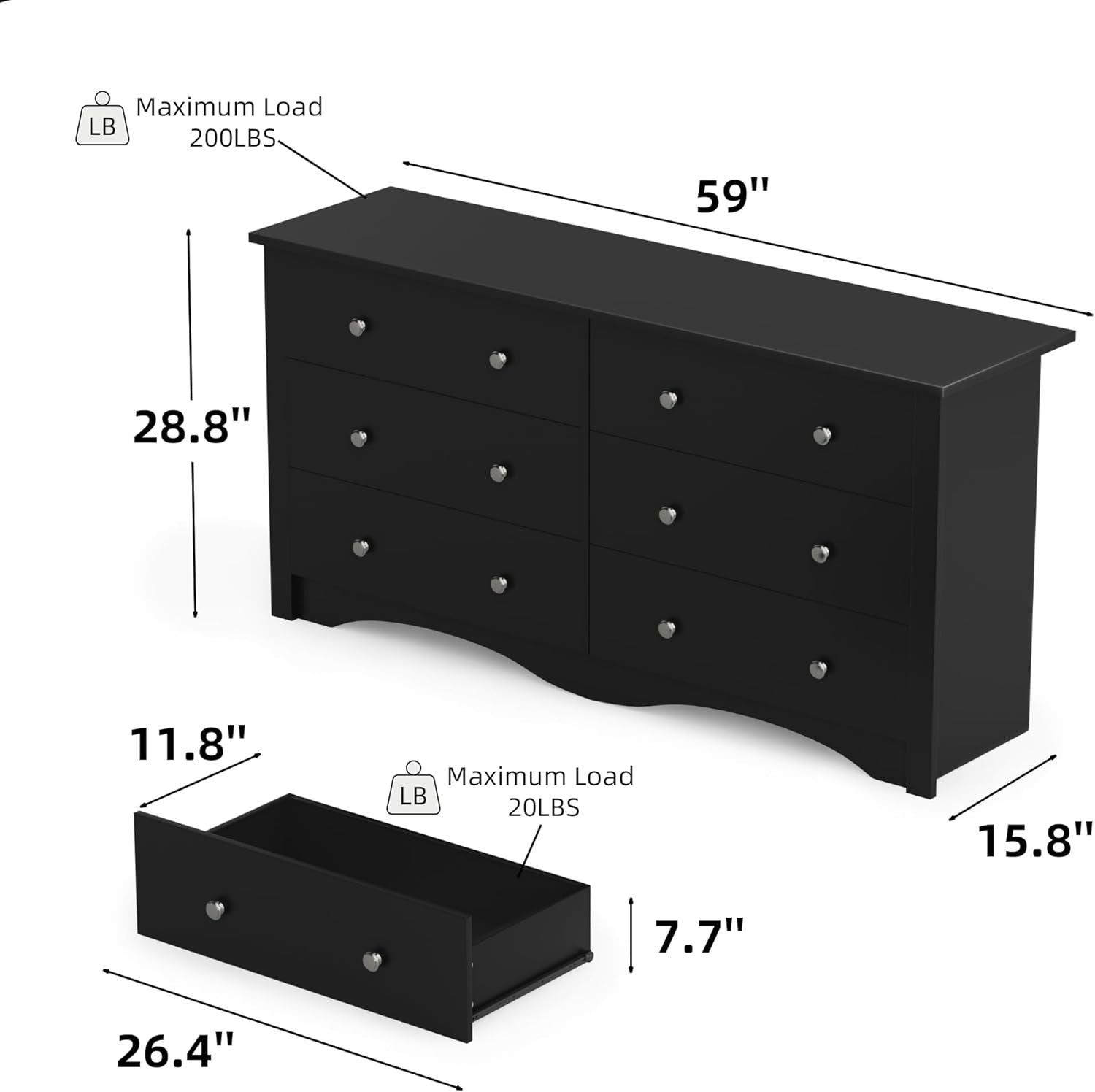 Flamaker 6 Drawer Double Dresser, Wide Wood Chest Of Drawers Storage