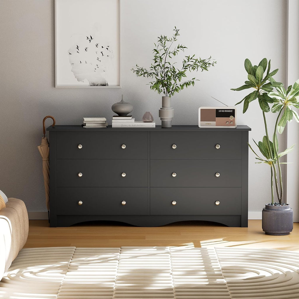 Flamaker 6 Drawer Double Dresser, Wide Wood Chest Of Drawers Storage