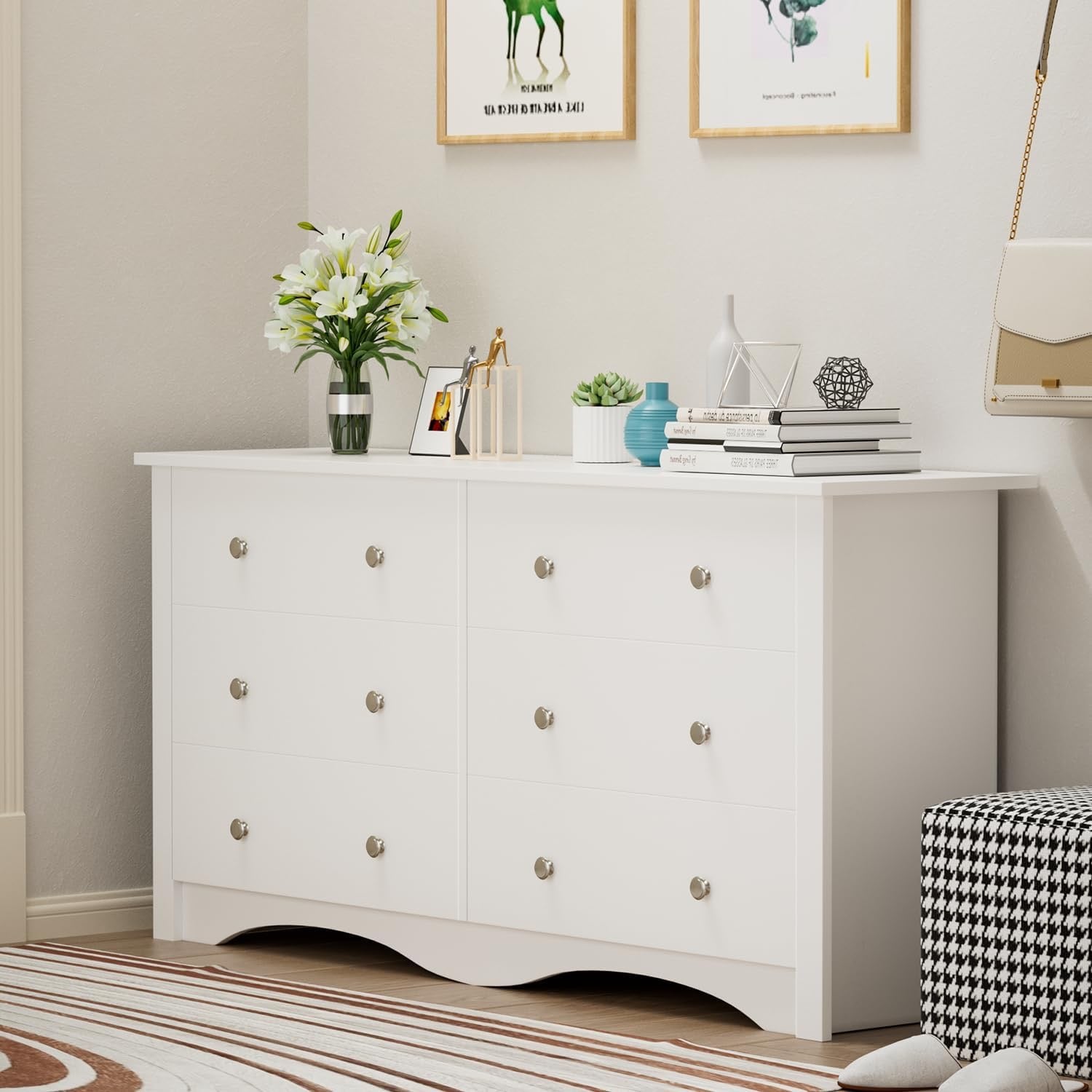 Flamaker 6 Drawer Double Dresser, Wide Wood Chest Of Drawers Storage