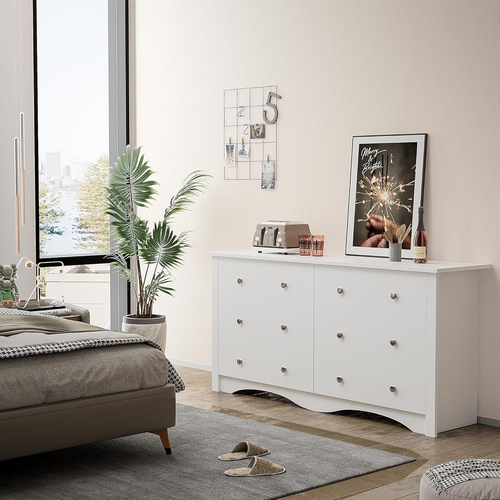 Flamaker 6 Drawer Double Dresser, Wide Wood Chest Of Drawers Storage