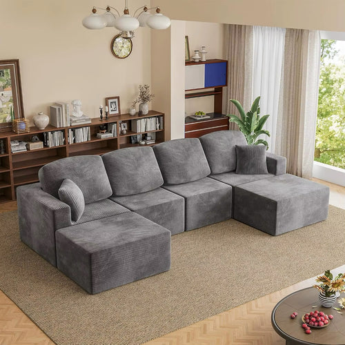 126" Modern Fabric Boneless Couch Sectional Couches With Ottoman
