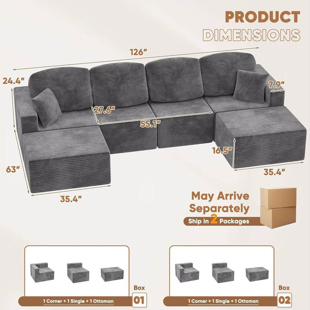 126" Modern Fabric Boneless Couch Sectional Couches With Ottoman