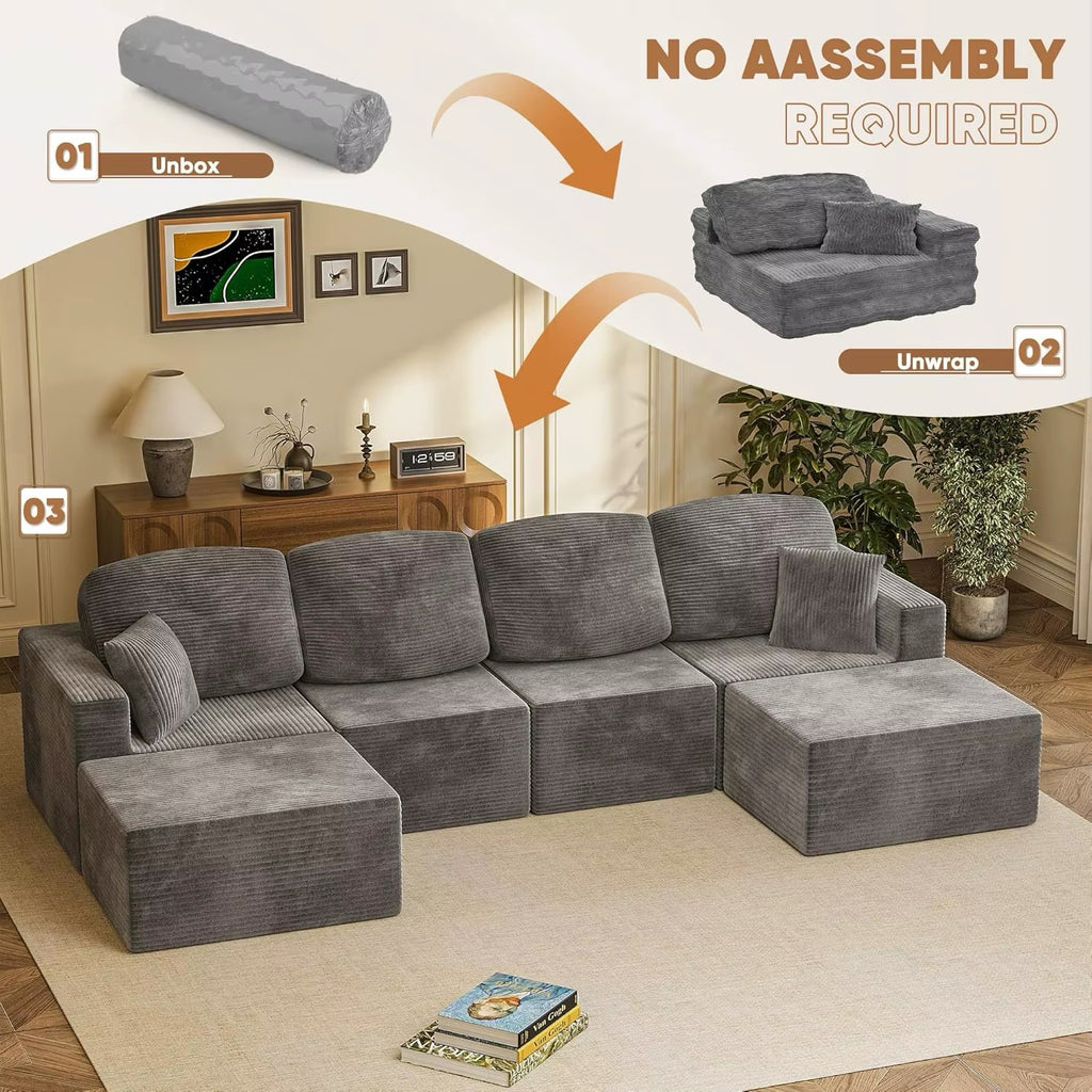 126" Modern Fabric Boneless Couch Sectional Couches With Ottoman