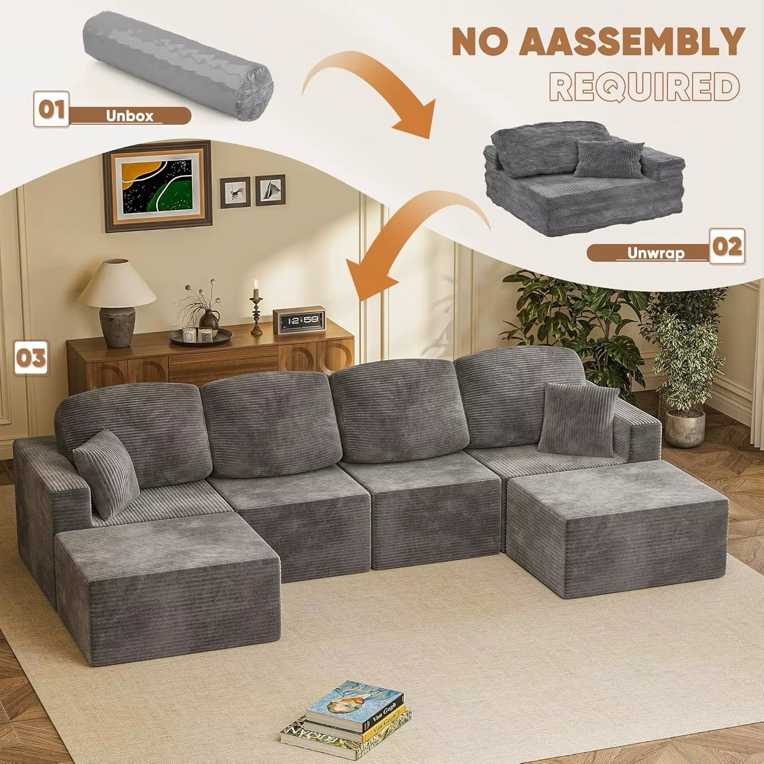 126" Modern Fabric Boneless Couch Sectional Couches With Ottoman