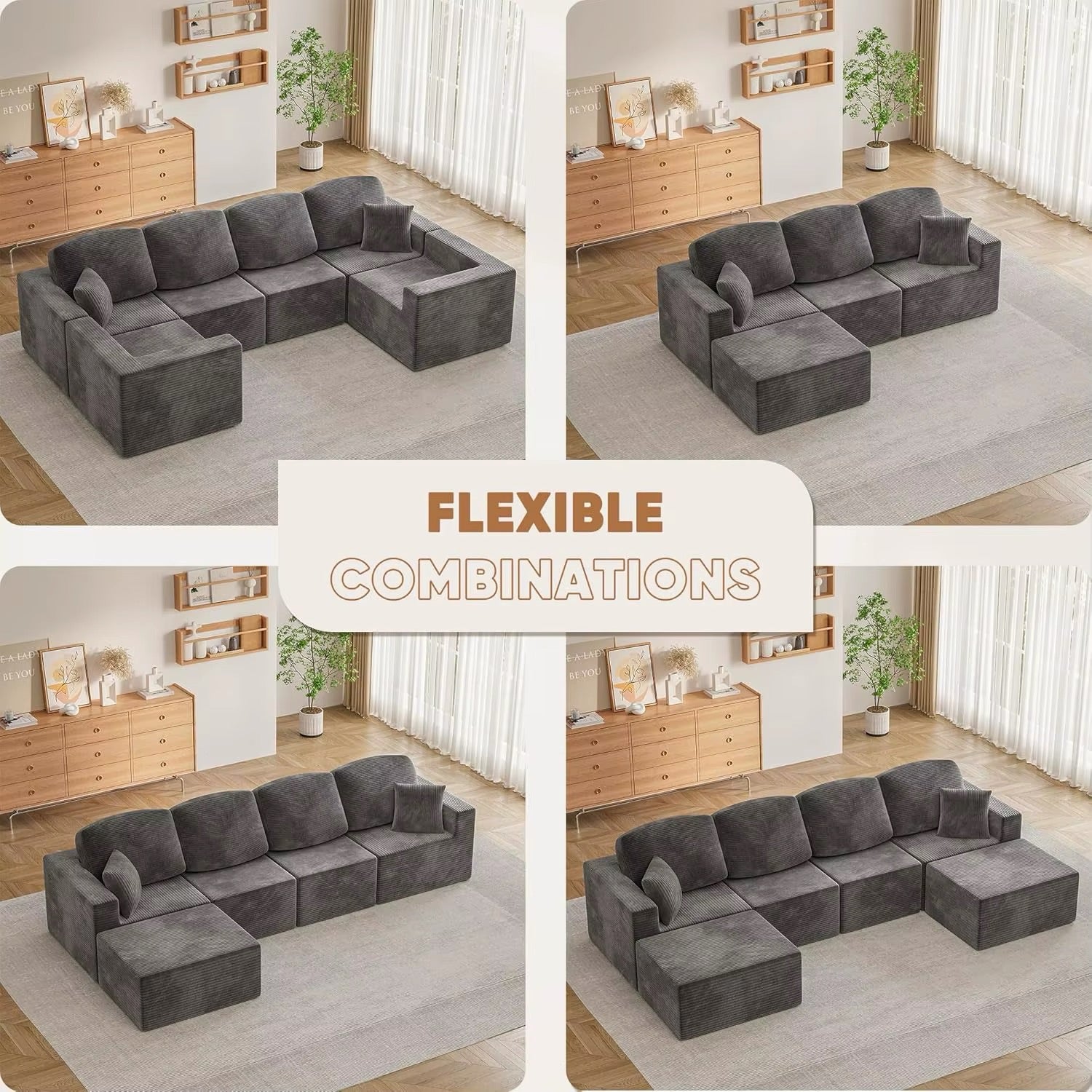 126" Modern Fabric Boneless Couch Sectional Couches With Ottoman