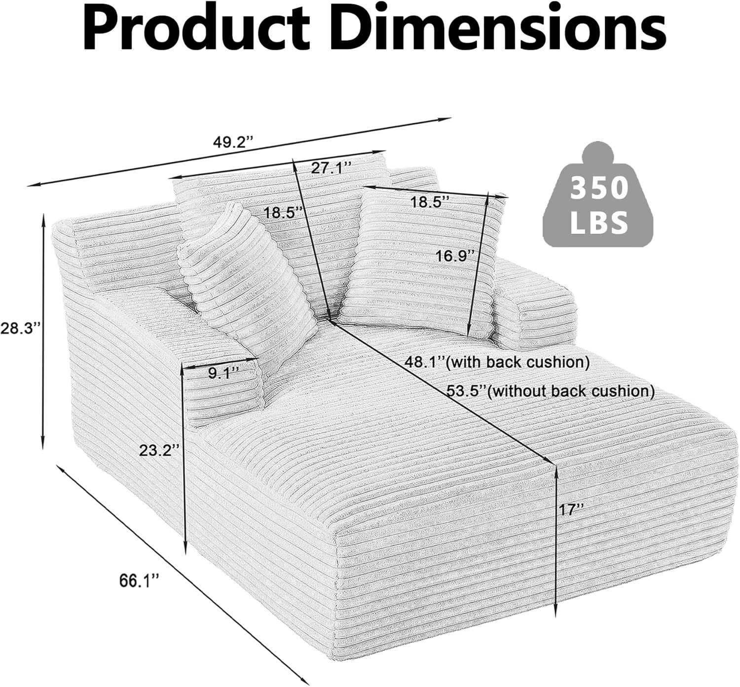 Oversized Chaise Lounge Chair with 3 Comfy Pillows for Living Room Bedroom