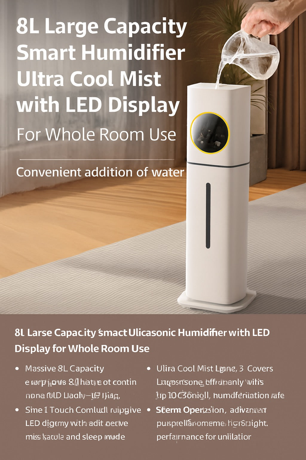 Silent 8L Large Humidifier with LED Display Smart Control Ultra Cool Mist