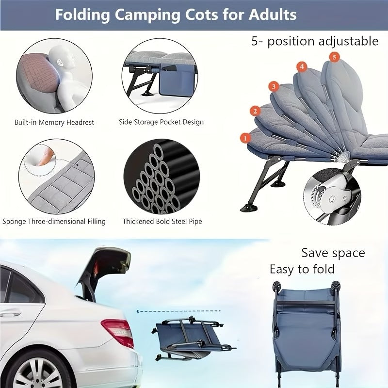 Multi-Position Adjustable Headrest Folding Bed Chair, Outdoor/Indoor Resting & Camping