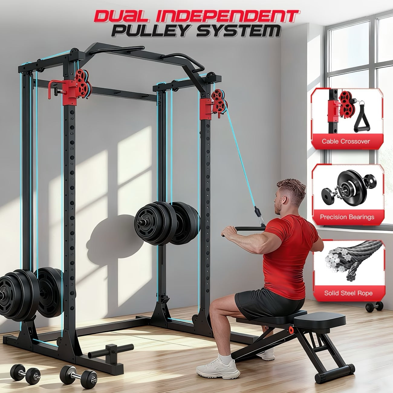 Heavy-Duty Power Rack & Power Cage - 1500LBS Capacity Squat Rack with Dual Cable Pulley System