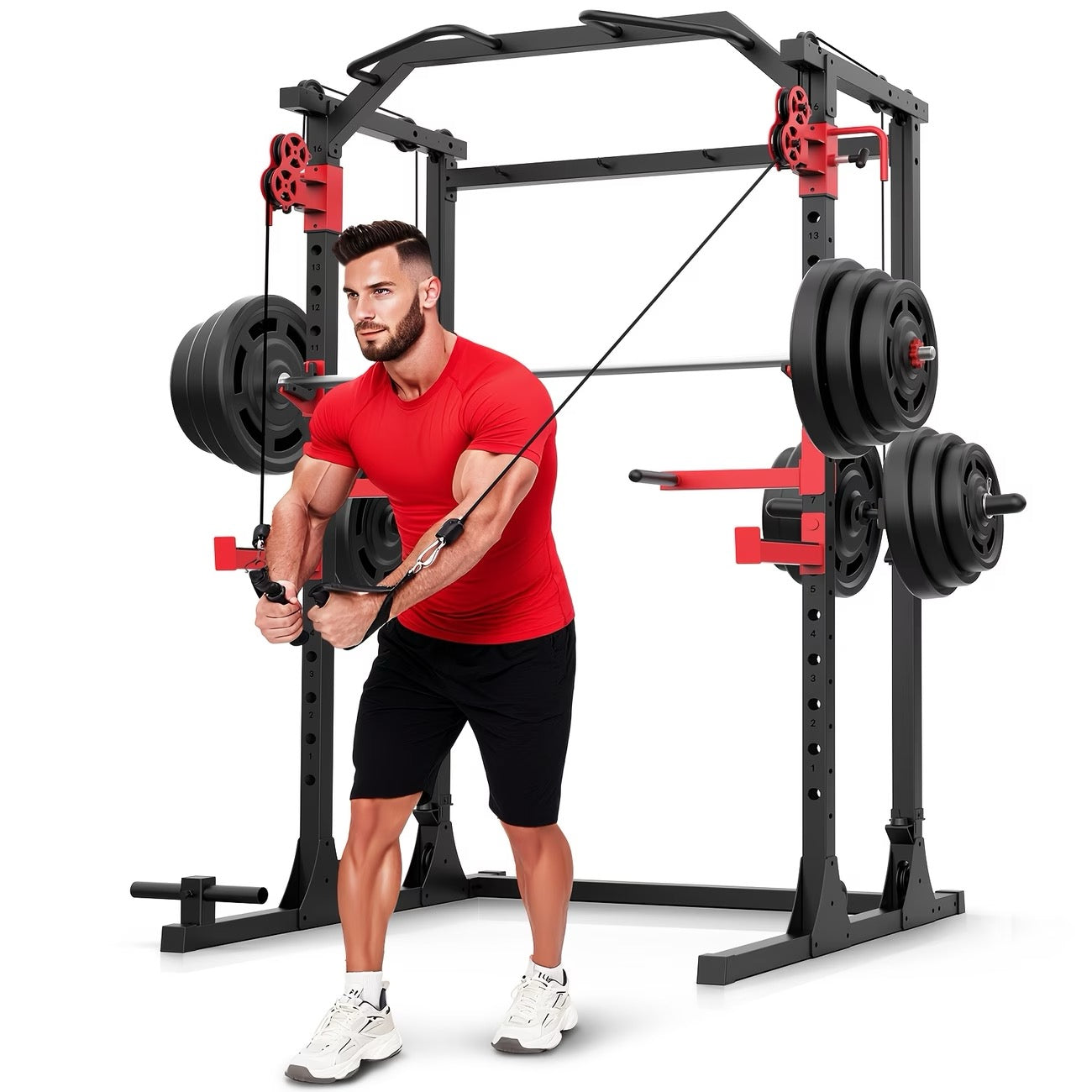 Heavy-Duty Power Rack & Power Cage - 1500LBS Capacity Squat Rack with Dual Cable Pulley System