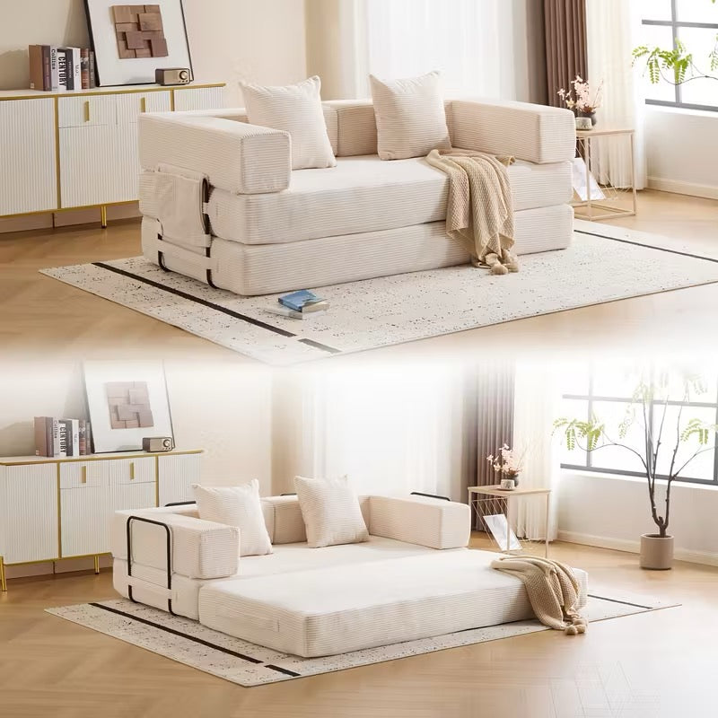 3-Seat Fold-Out Sofa Bed. Removable Back and Armrests With Extra Pillows