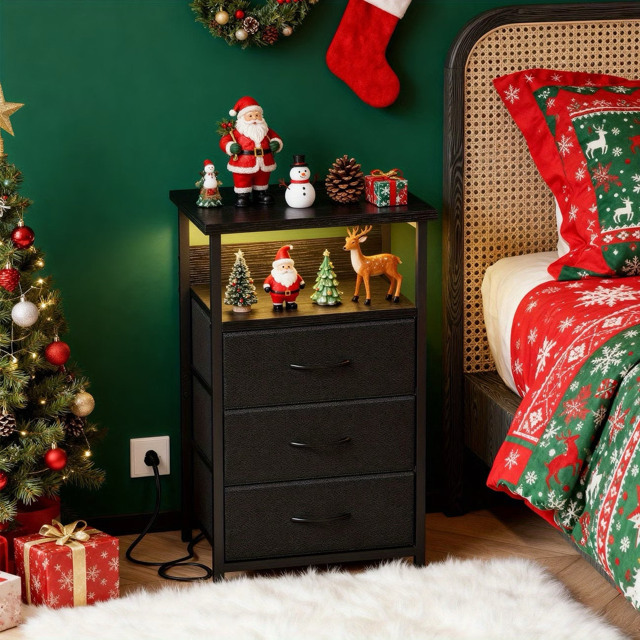 TOMNK Bedside Cabinet with 1/2 Drawers, Featuring a Display Rack with 1 to 4 Drawers, an LED Bedside Table Set with a Charging Station