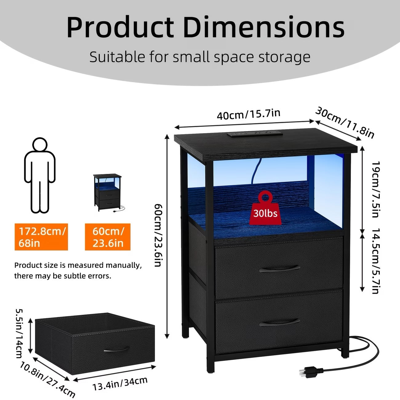 TOMNK Bedside Cabinet with 1/2 Drawers, Featuring a Display Rack with 1 to 4 Drawers, an LED Bedside Table Set with a Charging Station