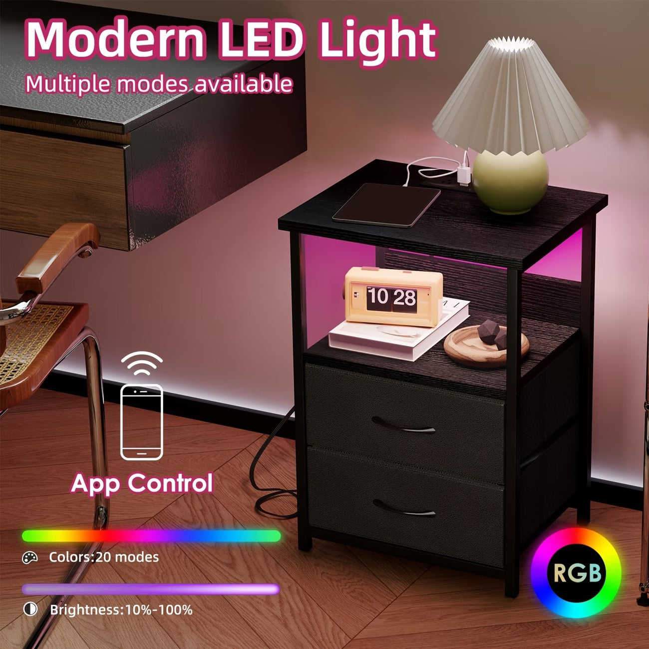 TOMNK Bedside Cabinet with 1/2 Drawers, Featuring a Display Rack with 1 to 4 Drawers, an LED Bedside Table Set with a Charging Station