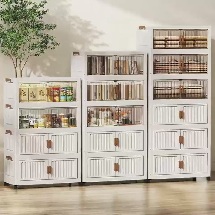 Large Capacity Modern Folding/Stackable Shelving Units with Magnetic Double Door & Wheels